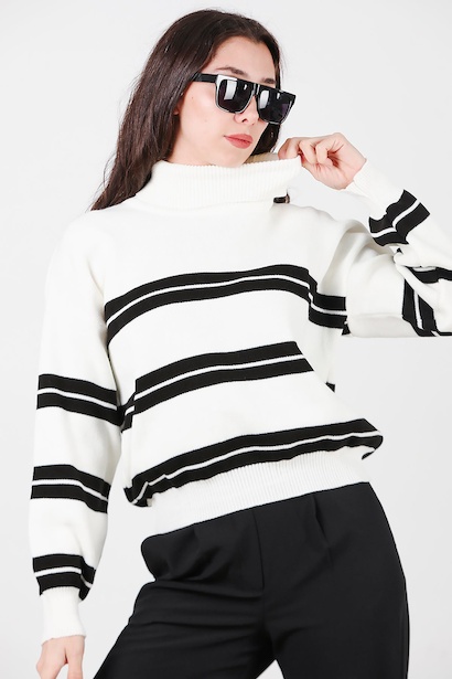 Kadın Balıkçı Yaka Çizgili Triko Kazak  Ekru 6