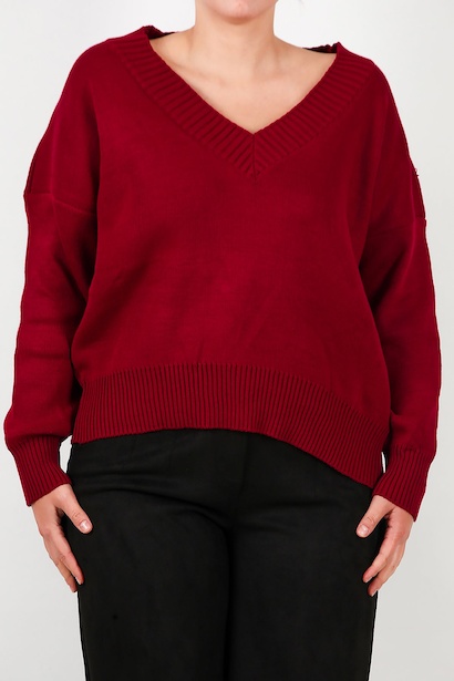 Büyük Beden V Yaka Triko Kazak  Bordo 6