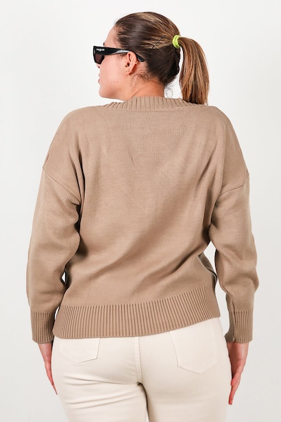 Büyük Beden V Yaka Triko Kazak  Bej 6