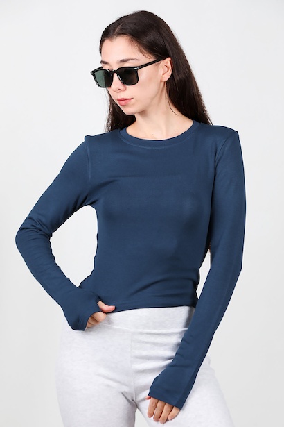 Kadın Bisiklet Yaka Parmak Geçirmeli Bluz  Lacivert 6