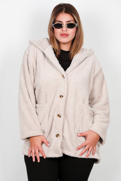 Büyük Beden Önü Düğmeli Peluş Ceket 