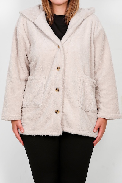 Büyük Beden Önü Düğmeli Peluş Ceket  Vizon 6