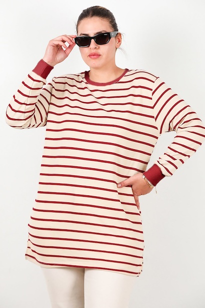 Büyük Beden Yan Yırtmaçlı Bisiklet Yaka Çizgili Tunik 