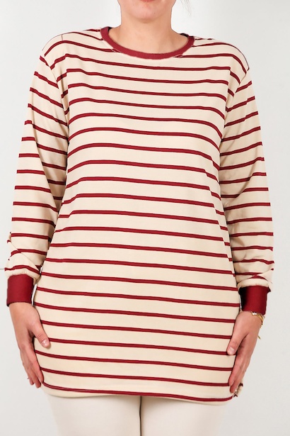 Büyük Beden Yan Yırtmaçlı Bisiklet Yaka Çizgili Tunik  Bordo 6