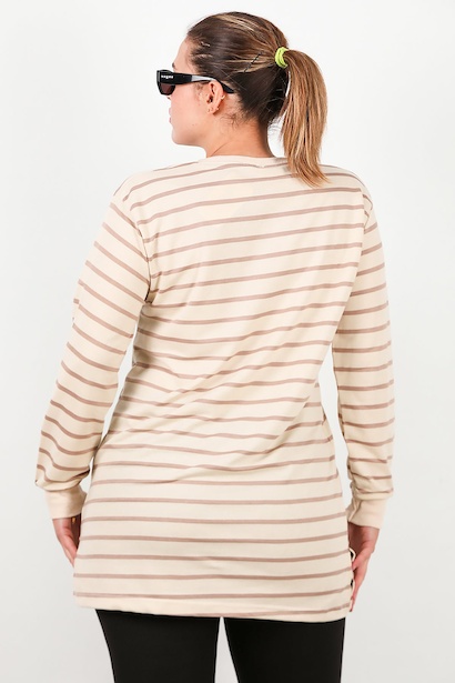 Büyük Beden Yan Yırtmaçlı Bisiklet Yaka Çizgili Tunik  Vizon 6
