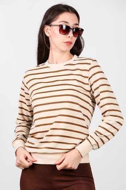 Kadın Çizgili Bisiklet Yaka Sweet  Kahverengi 6