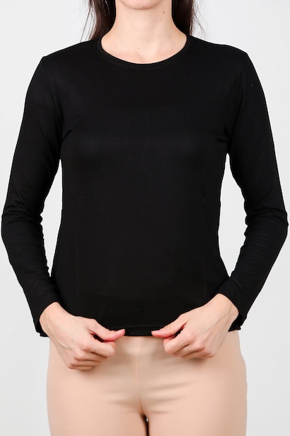 Kadın Bisiklet Yaka Uzun Kol Penye Bluz  Siyah 6