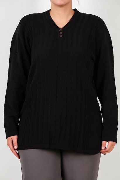 Büyük Beden V Yaka Üç Düğmeli Triko Bluz  Siyah 6