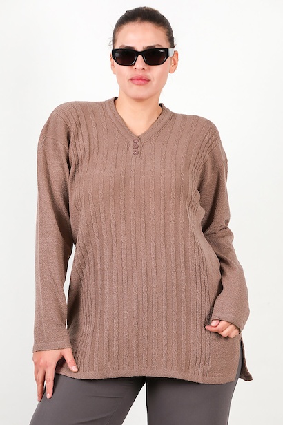 Büyük Beden V Yaka Üç Düğmeli Triko Bluz
