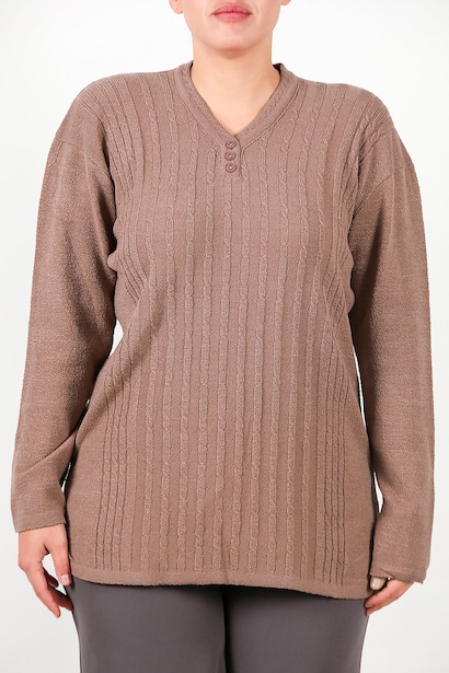 Büyük Beden V Yaka Üç Düğmeli Triko Bluz Gül Kurusu 6