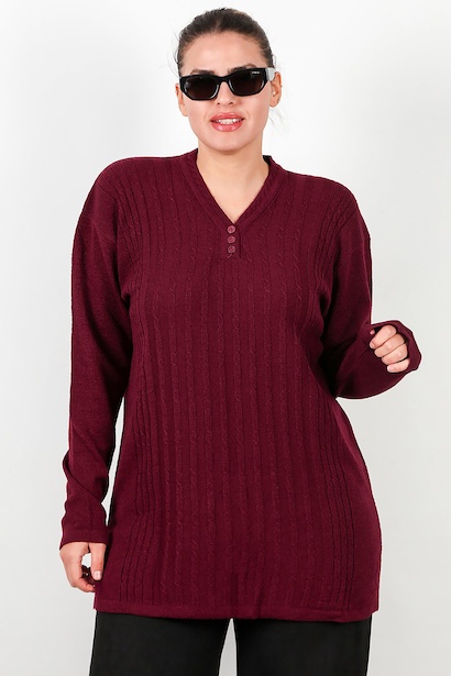 Büyük Beden V Yaka Üç Düğmeli Triko Bluz