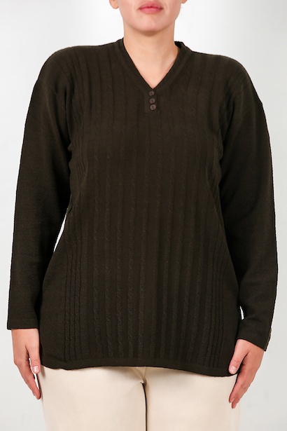 Büyük Beden V Yaka Üç Düğmeli Triko Bluz Haki 6