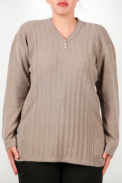 Büyük Beden V Yaka Üç Düğmeli Triko Bluz Bej 6