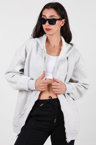 Kadın Kapşonlu Fermuarlı Oversize Üç İplik Sweat 