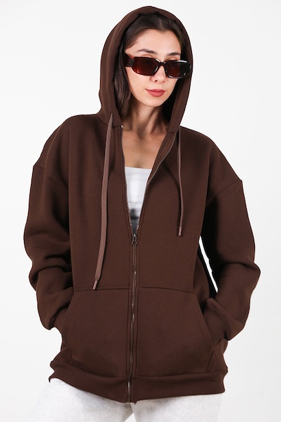 Kadın Kapşonlu Fermuarlı Oversize Üç İplik Sweat  Kahverengi 6