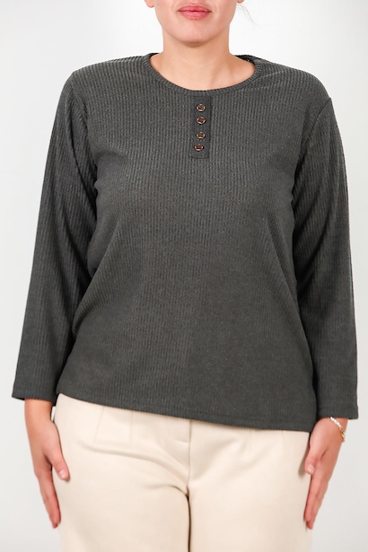 Büyük Beden Önü Düğmeli Triko Bluz  Haki 6