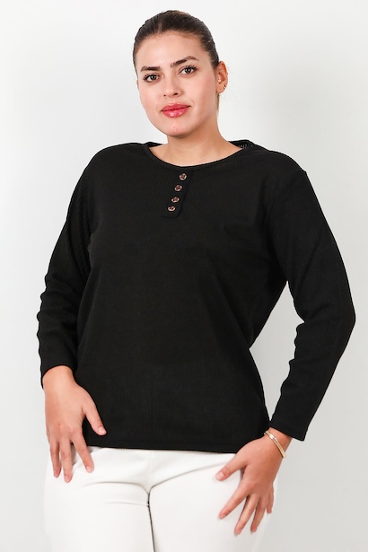 Büyük Beden Önü Düğmeli Triko Bluz 