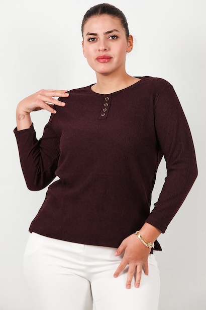 Büyük Beden Önü Düğmeli Triko Bluz 