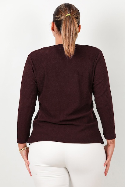 Büyük Beden Önü Düğmeli Triko Bluz  Mürdüm 6