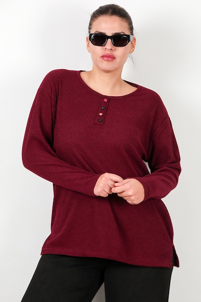 Büyük Beden Önü Renkli Düğmeli Triko Bluz 