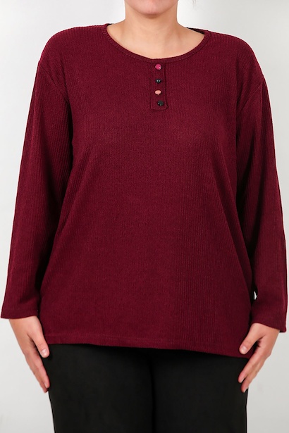 Büyük Beden Önü Renkli Düğmeli Triko Bluz  Bordo 6