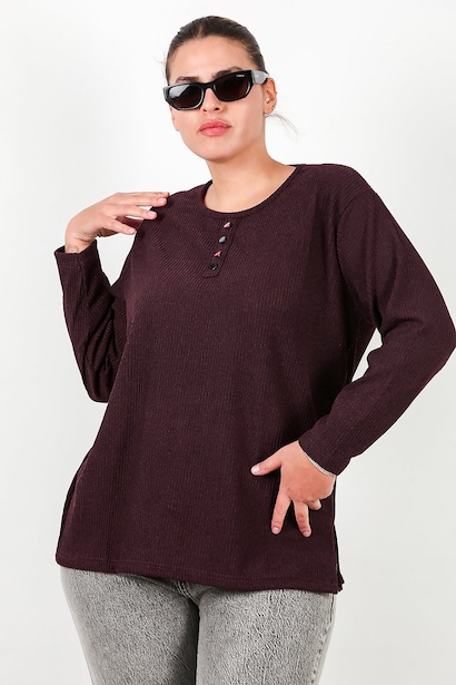 Büyük Beden Önü Renkli Düğmeli Triko Bluz 