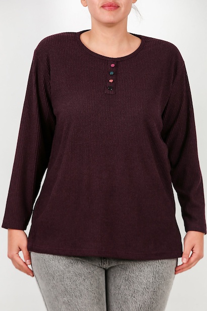 Büyük Beden Önü Renkli Düğmeli Triko Bluz  Mürdüm 6