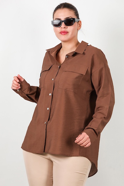 Büyük Beden Çift Cepli Gömlek  Kahverengi 6