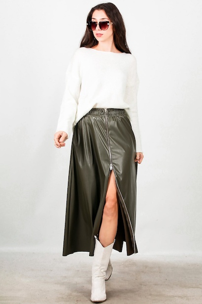 Kadın Önü Fermuarlı Deri Etek  Haki 6