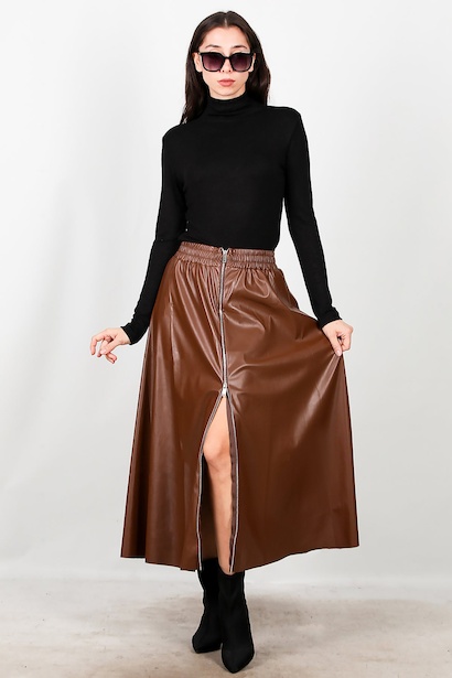 Kadın Önü Fermuarlı Deri Etek 