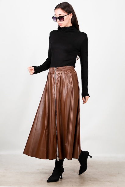 Kadın Önü Fermuarlı Deri Etek  Taba 6