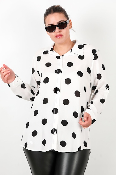 Büyük Beden Puantiyeli Viskon Gömlek  Beyaz 6