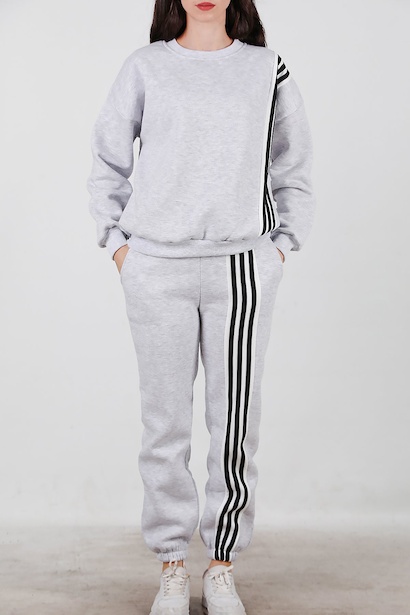 Kadın Şeritli Bisiklet Yaka Eşofman Takımı  Gri 6