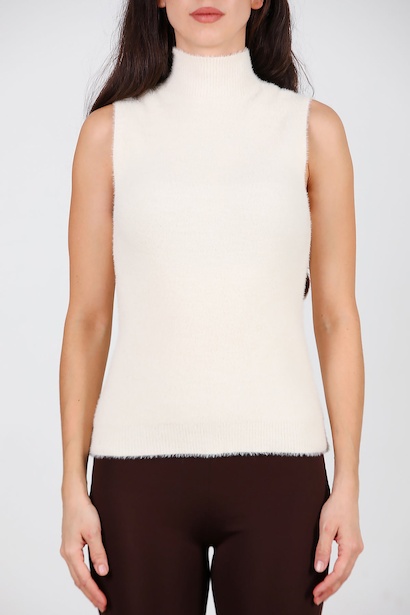 Kadın Kolsuz Balıkçı Yaka Sakallı Bluz  Krem 6