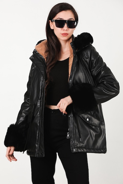 Kadın Kol Ucu Kürklü Kısa Deri Kaban  Siyah 6