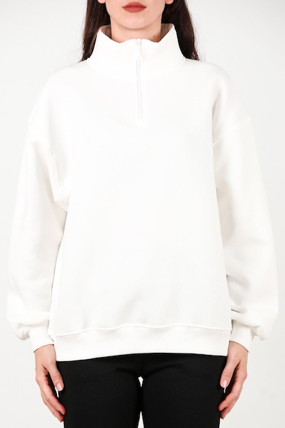 Kadın Yarım Balıkçı Yaka Fermuarlı Sweat  Beyaz 6