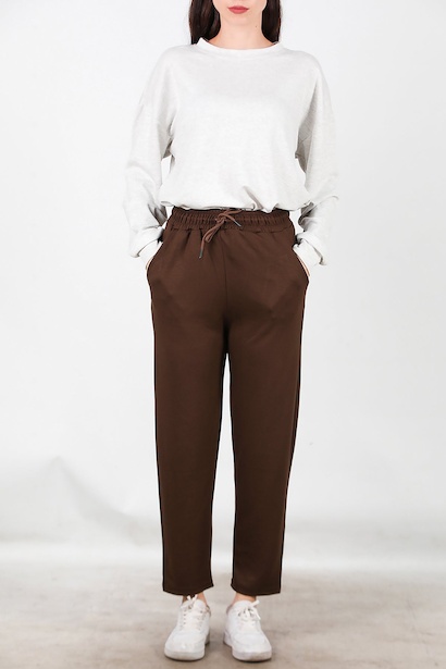 Kadın Düz Paça Cepli Eşofman  Kahverengi 6