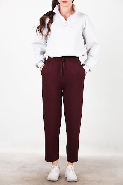 Kadın Düz Paça Cepli Eşofman  Bordo 6