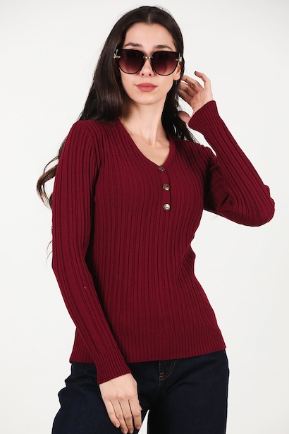 Kadın V Yaka Üç Düğmeli Triko Kazak 