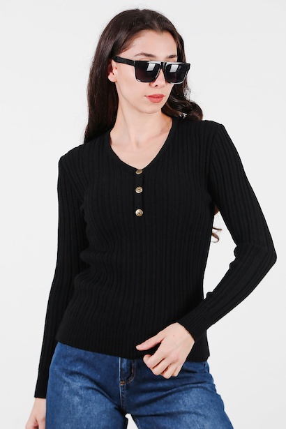 Kadın V Yaka Üç Düğmeli Triko Kazak 