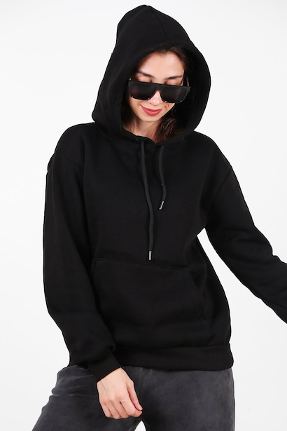 Kadın Kapşonlu Üç İplik Sweet  Siyah 6