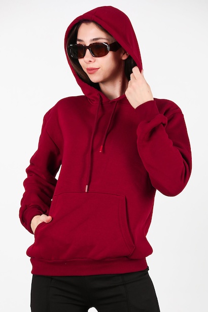 Kadın Kapşonlu Üç İplik Sweet  Bordo 6