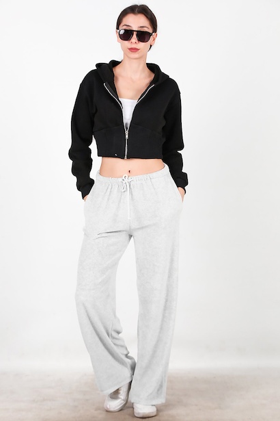Kadın Cepli Bol Paça Havlu Pantolon  Gri 6