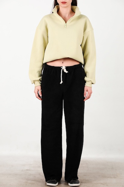 Kadın Cepli Bol Paça Havlu Pantolon  Siyah 6