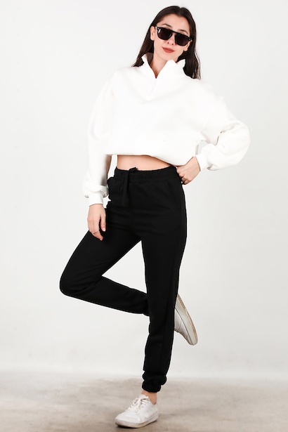 Kadın Bel Paça Lastikli Üç İplik Eşofman  Siyah 6