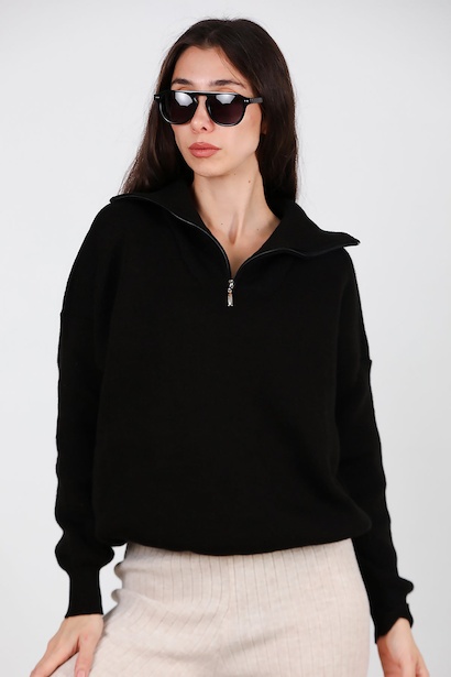 Kadın Yarım Fermuar Kazak  Siyah 6