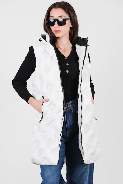 Kadın Kapşonlu Uzun Şişme Yelek 