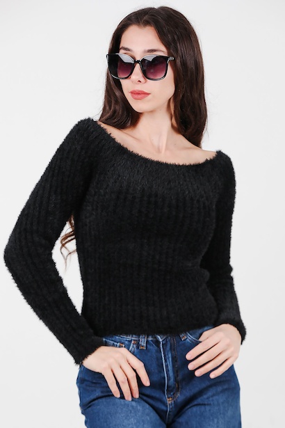 Kadın Kayık Yaka Sakallı Triko Kazak 