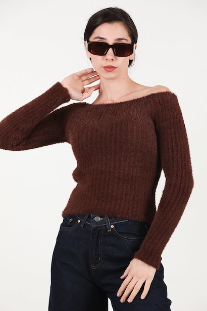 Kadın Kayık Yaka Sakallı Triko Kazak 