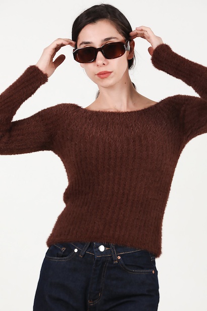 Kadın Kayık Yaka Sakallı Triko Kazak  Kahverengi 6